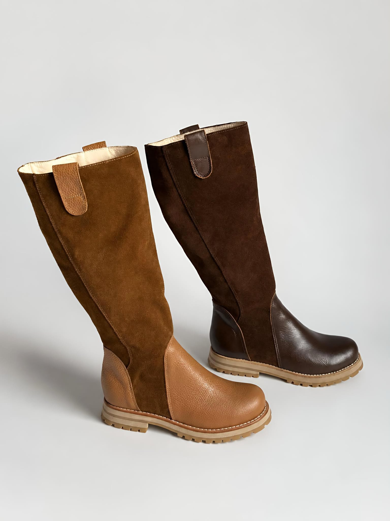 Bota larga combinada camel y chocolate