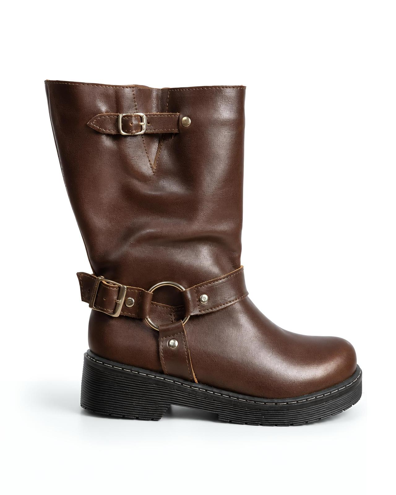 Bota motera marron con hebillas